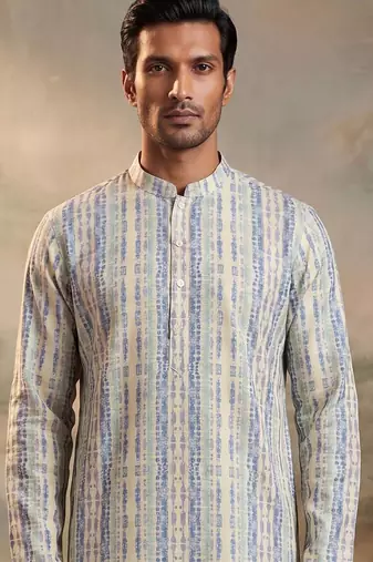 Mens multi silk blend abstract printed kurta