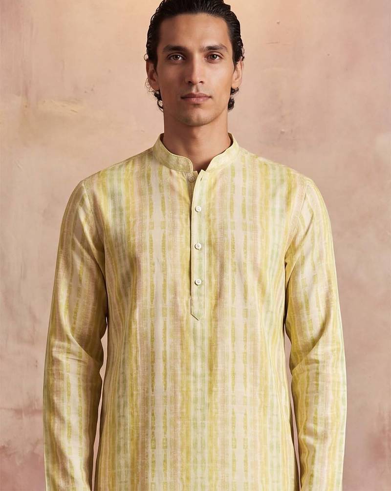 Mens multi silk blend abstract printed kurta