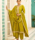 Floral embroidered viscose rayon round neck kurta trouser & dupatta set