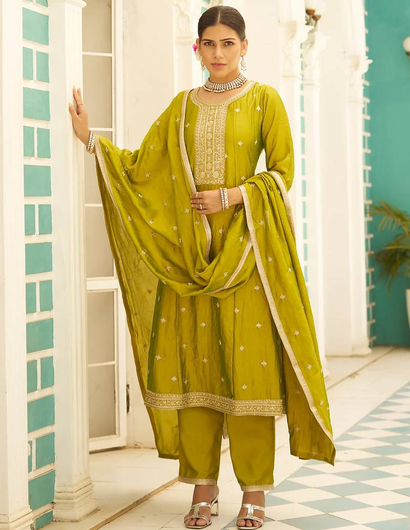 Floral embroidered viscose rayon round neck kurta trouser & dupatta set