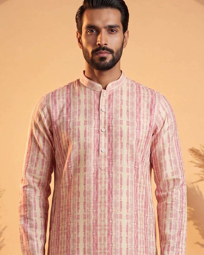 Mens multi silk blend abstract printed kurta
