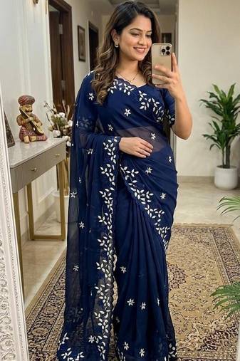 Blue Color Embroidery work Georgette Saree