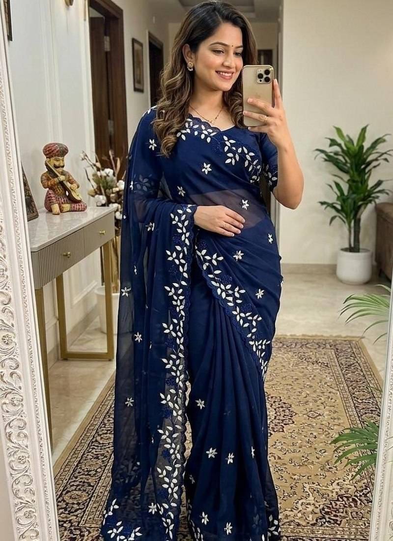 Blue Color Embroidery work Georgette Saree
