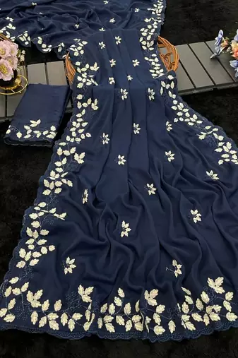 Blue Color Embroidery work Georgette Saree