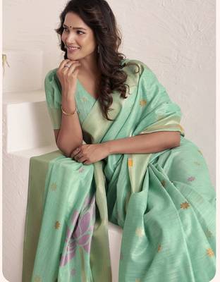 SKY BLUE soft linen saree with rich jacquard pallu 2