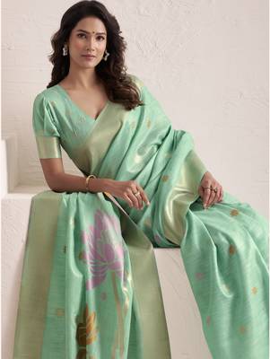 SKY BLUE soft linen saree with rich jacquard pallu 3