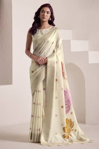 CREAM soft linen saree with rich jacquard pallu
