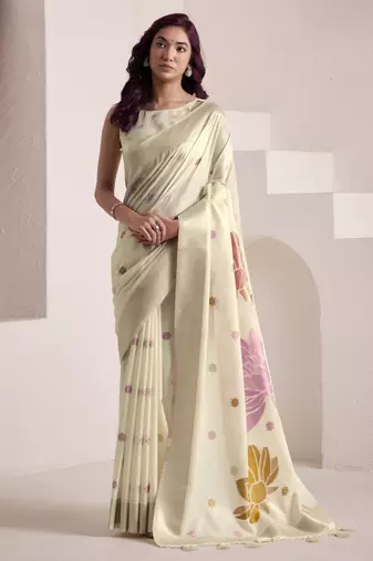 CREAM soft linen saree with rich jacquard pallu