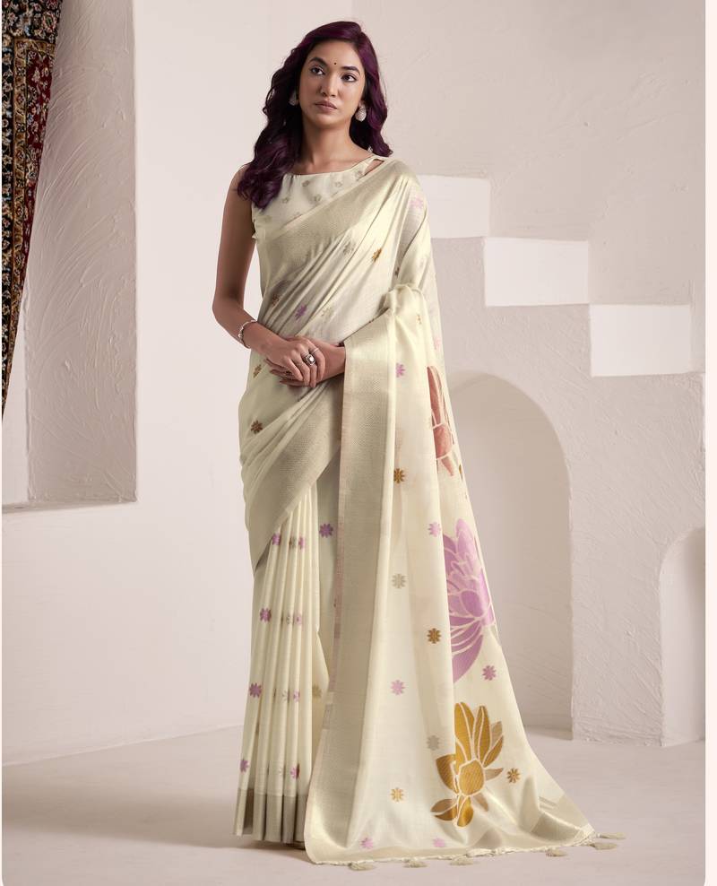 CREAM soft linen saree with rich jacquard pallu