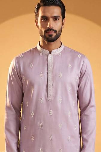 Mens Purple silk blend solid embroidered kurta