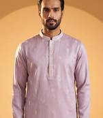 Mens Purple silk blend solid embroidered kurta