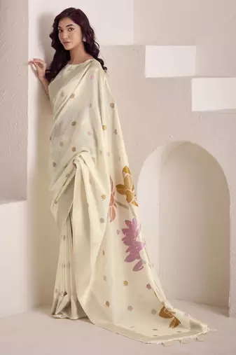 CREAM soft linen saree with rich jacquard pallu