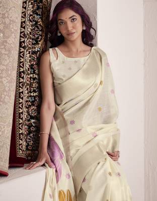 CREAM soft linen saree with rich jacquard pallu 3
