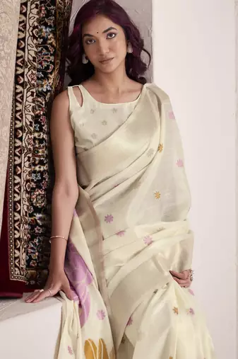 CREAM soft linen saree with rich jacquard pallu