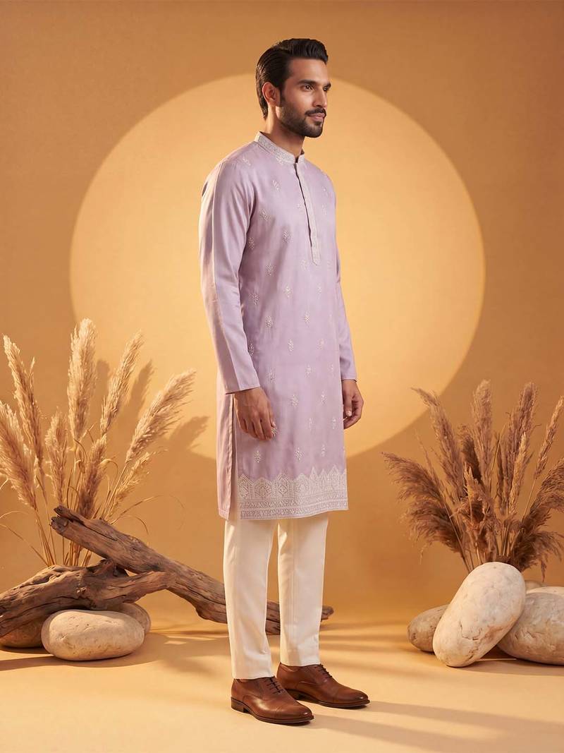 Mens Purple silk blend solid embroidered kurta
