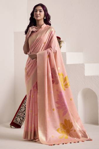 PEACH soft linen saree with rich jacquard pallu