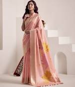 PEACH soft linen saree with rich jacquard pallu