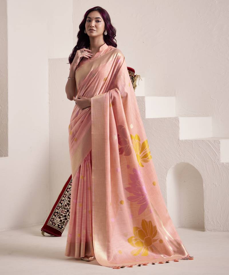 PEACH soft linen saree with rich jacquard pallu