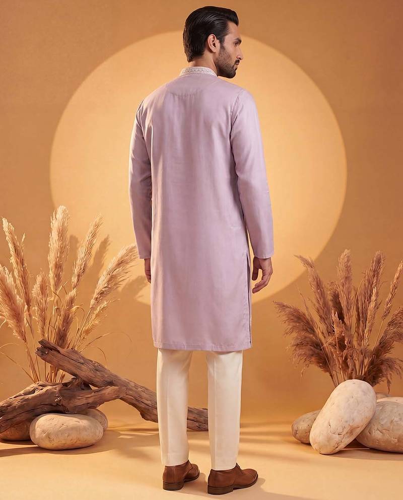 Mens Purple silk blend solid embroidered kurta