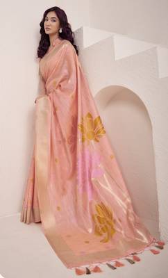 PEACH soft linen saree with rich jacquard pallu 2