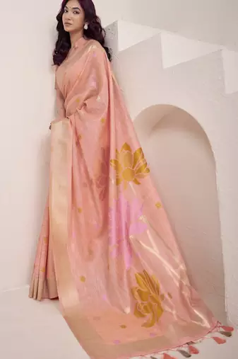 PEACH soft linen saree with rich jacquard pallu