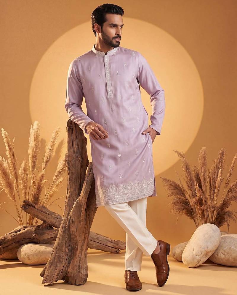 Mens Purple silk blend solid embroidered kurta
