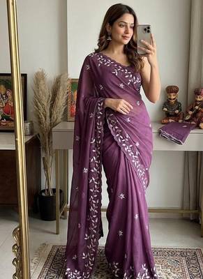 Wine Color Embroidery work Georgette Saree 1