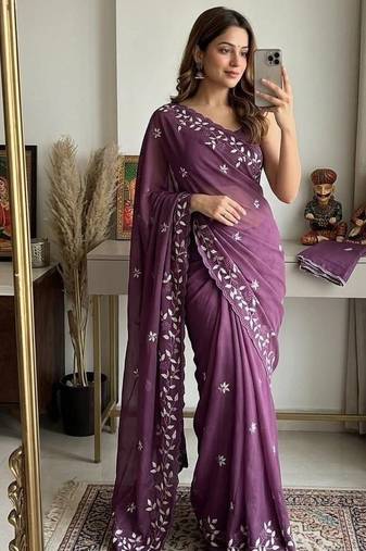 Wine Color Embroidery work Georgette Saree