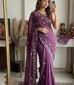 Wine Color Embroidery work Georgette Saree