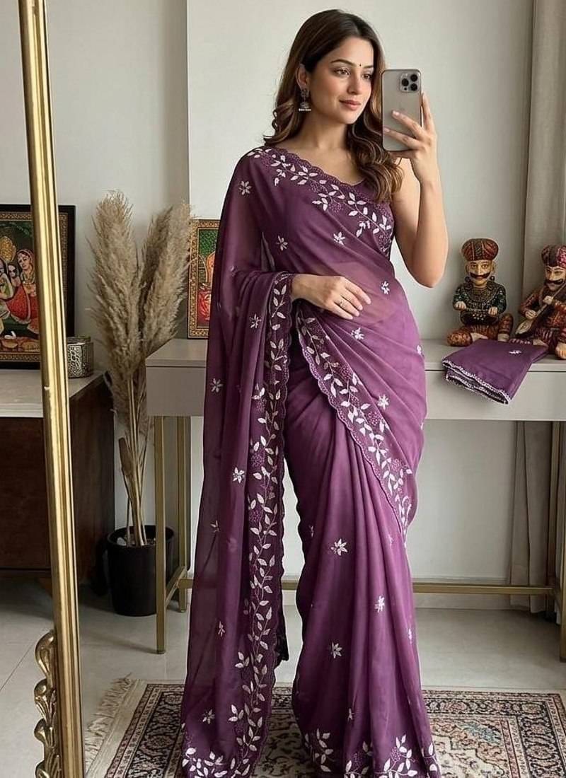 Wine Color Embroidery work Georgette Saree