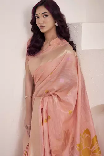 PEACH soft linen saree with rich jacquard pallu