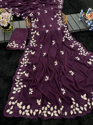 Wine Color Embroidery work Georgette Saree 2