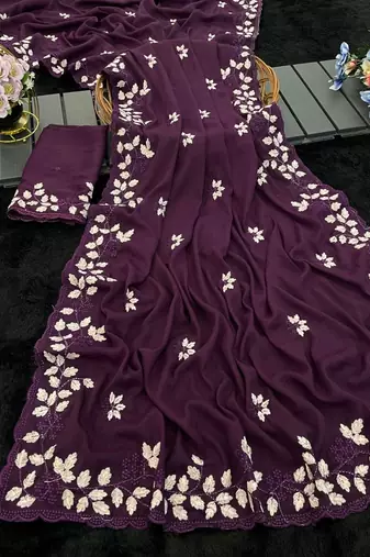 Wine Color Embroidery work Georgette Saree