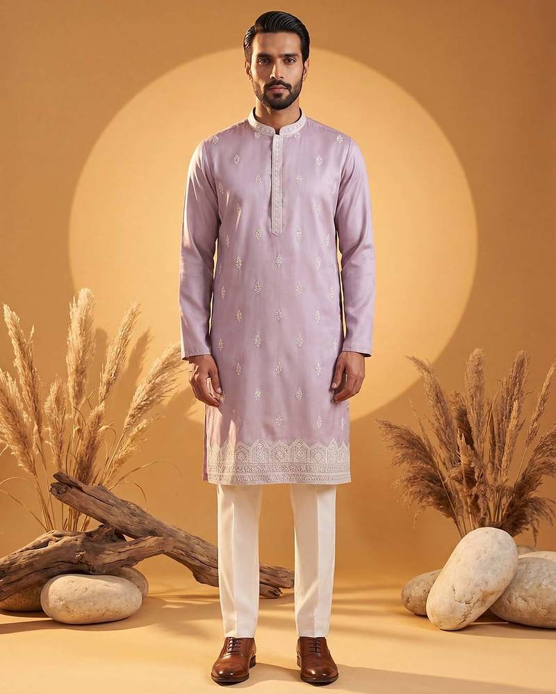Mens Purple silk blend solid embroidered kurta