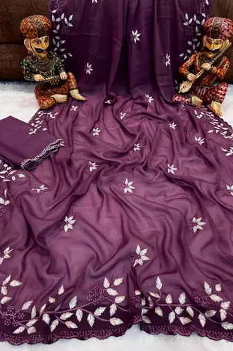 Wine Color Embroidery work Georgette Saree