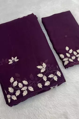 Wine Color Embroidery work Georgette Saree