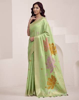LIGHT GREEN soft linen saree with rich jacquard pallu 1
