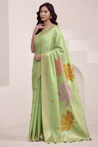 LIGHT GREEN soft linen saree with rich jacquard pallu