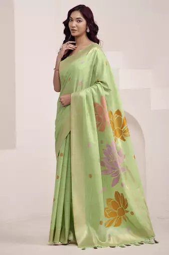 LIGHT GREEN soft linen saree with rich jacquard pallu