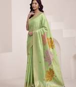 LIGHT GREEN soft linen saree with rich jacquard pallu