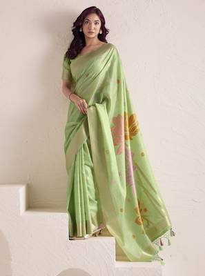 LIGHT GREEN soft linen saree with rich jacquard pallu 2