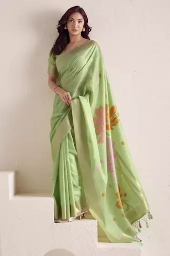 LIGHT GREEN soft linen saree with rich jacquard pallu
