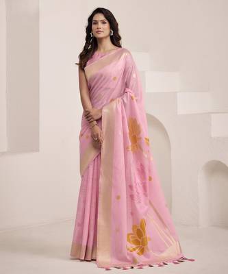 PINK soft linen saree with rich jacquard pallu 1