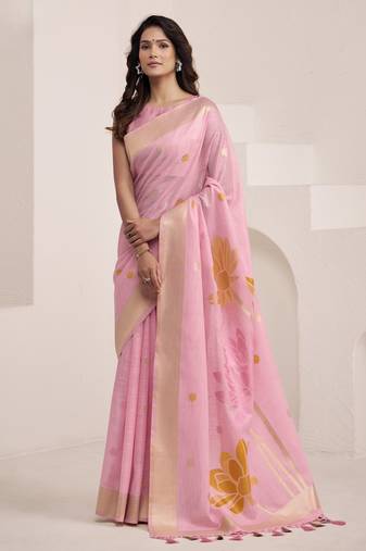 PINK soft linen saree with rich jacquard pallu