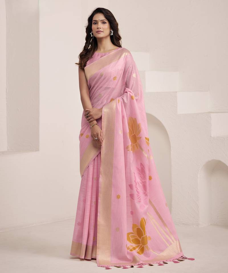 PINK soft linen saree with rich jacquard pallu