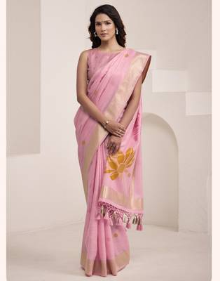 PINK soft linen saree with rich jacquard pallu 2
