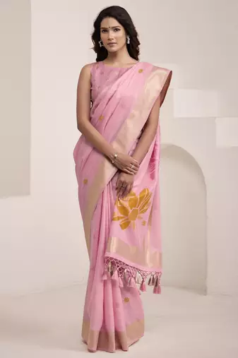 PINK soft linen saree with rich jacquard pallu