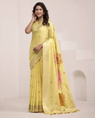 YELLOW soft linen saree with rich jacquard pallu 1
