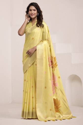 YELLOW soft linen saree with rich jacquard pallu