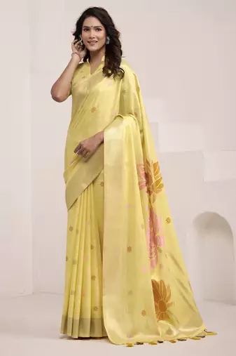 YELLOW soft linen saree with rich jacquard pallu